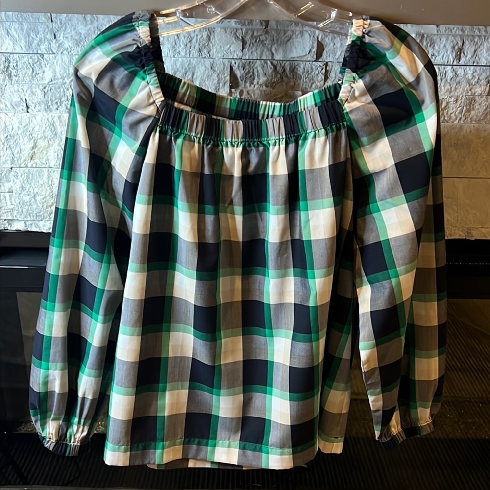 Ann Taylor Navy, Green and White Plaid Square neckline Blouse size MP